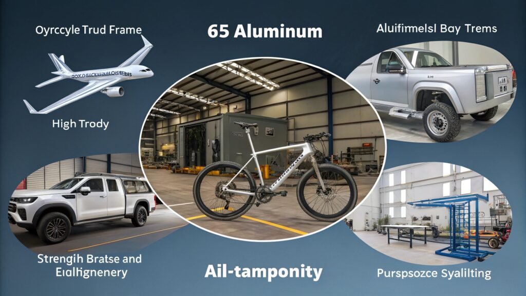 alt text: Collage of products made from 6061-T6 aluminum: bicycle frame, structural beam, machined part
